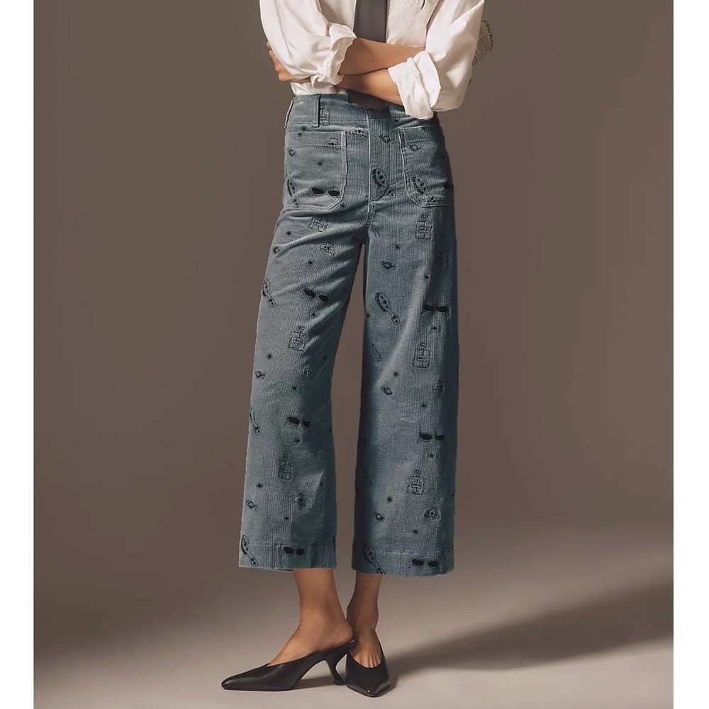 MAEVE x ANTHROPOLOGIE The Colette Crop Wide-Leg Embroidered Corduroy Pants
